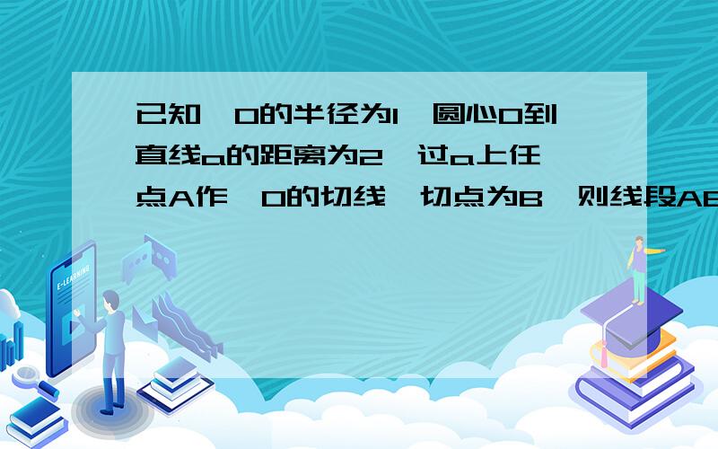 已知⊙O的半径为1,圆心O到直线a的距离为2,过a上任一点A作⊙O的切线,切点为B,则线段AB的最小值为（ ）