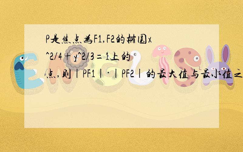 P是焦点为F1,F2的椭圆x^2/4+y^2/3=1上的点,则|PF1|·|PF2|的最大值与最小值之差