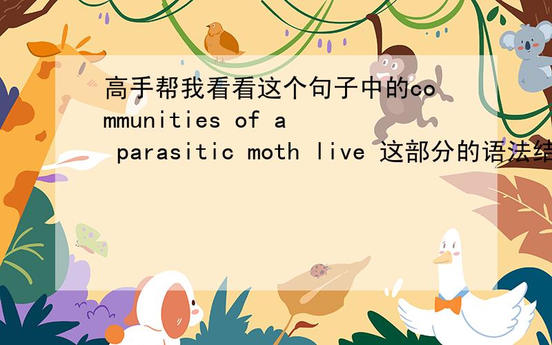 高手帮我看看这个句子中的communities of a parasitic moth live 这部分的语法结构对吗?