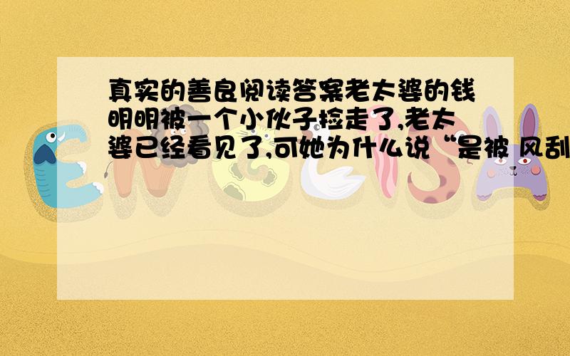 真实的善良阅读答案老太婆的钱明明被一个小伙子捡走了,老太婆已经看见了,可她为什么说“是被 风刮跑了,可已经有人替我捡回来