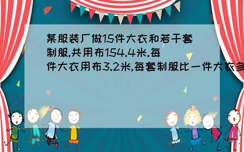 某服装厂做15件大衣和若干套制服,共用布154.4米.每件大衣用布3.2米,每套制服比一件大衣多用布0.6米.