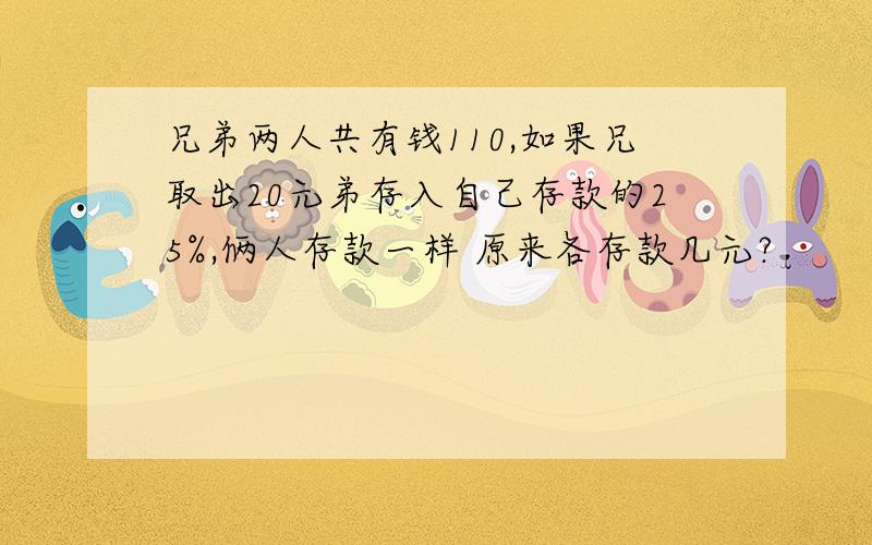 兄弟两人共有钱110,如果兄取出20元弟存入自己存款的25%,俩人存款一样 原来各存款几元?