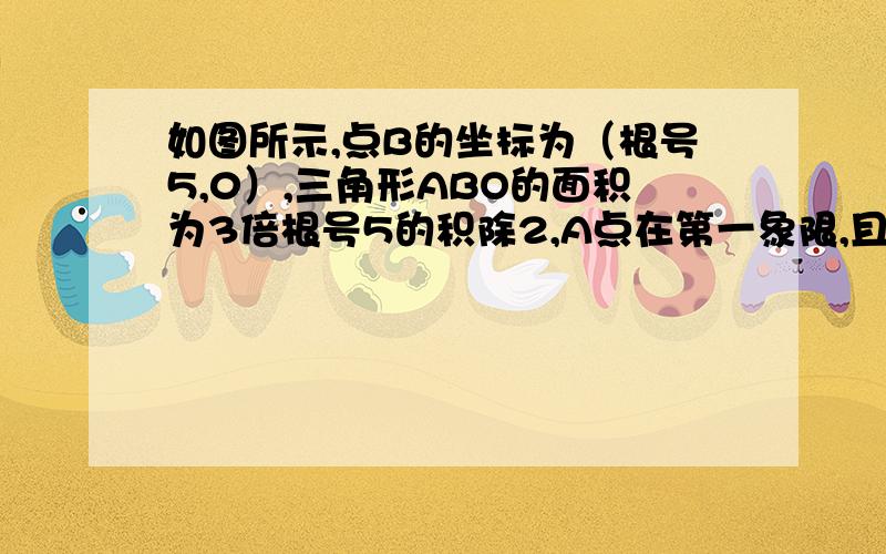 如图所示,点B的坐标为（根号5,0）,三角形ABO的面积为3倍根号5的积除2,A点在第一象限,且A