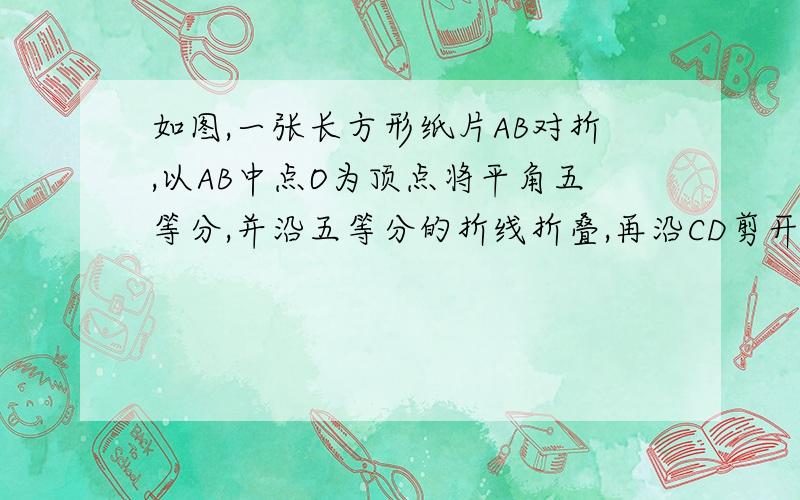 如图,一张长方形纸片AB对折,以AB中点O为顶点将平角五等分,并沿五等分的折线折叠,再沿CD剪开,使展开后