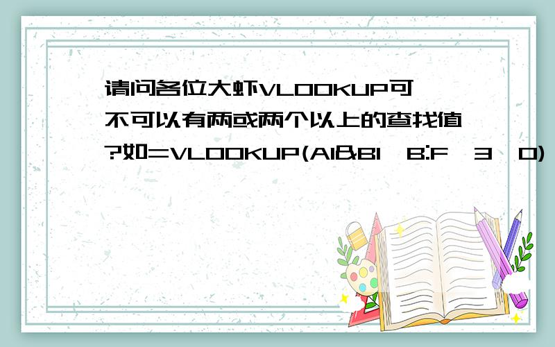 请问各位大虾VLOOKUP可不可以有两或两个以上的查找值?如=VLOOKUP(A1&B1,B:F,3,0) 如果可以怎么