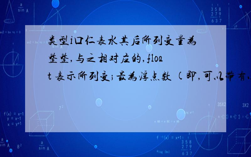 类型i口仁表水其后所列变量为整整,与之相对应的,float 表示所列变;最为浮点数 (即,可以带有小数部分的数 )0 .