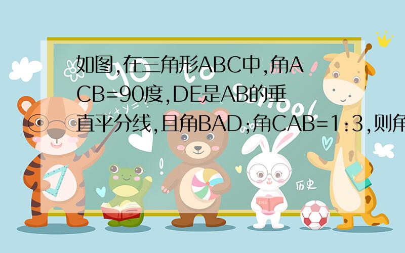 如图,在三角形ABC中,角ACB=90度,DE是AB的垂直平分线,且角BAD;角CAB=1:3,则角B等于