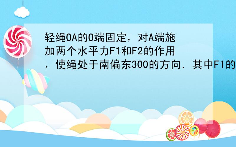 轻绳OA的O端固定，对A端施加两个水平力F1和F2的作用，使绳处于南偏东300的方向．其中F1的大小为3N，方向水平向东