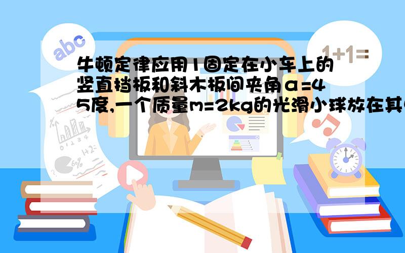 牛顿定律应用1固定在小车上的竖直挡板和斜木板间夹角α=45度,一个质量m=2kg的光滑小球放在其中,随车一起以加速度a=