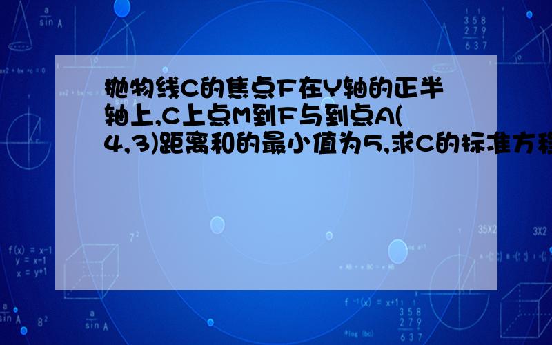 抛物线C的焦点F在Y轴的正半轴上,C上点M到F与到点A(4,3)距离和的最小值为5,求C的标准方程