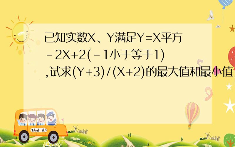 已知实数X、Y满足Y=X平方-2X+2(-1小于等于1),试求(Y+3)/(X+2)的最大值和最小值