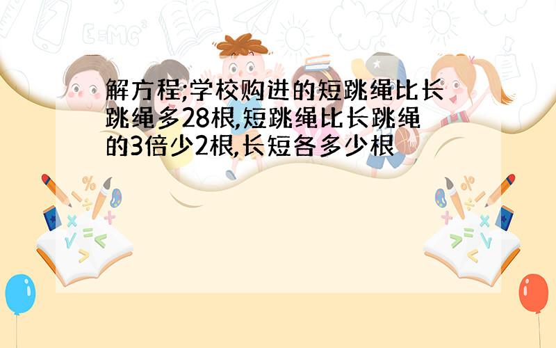 解方程;学校购进的短跳绳比长跳绳多28根,短跳绳比长跳绳的3倍少2根,长短各多少根