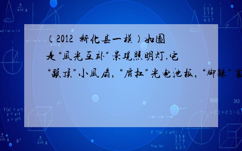 （2012•新化县一模）如图是“风光互补”景观照明灯．它“头顶”小风扇，“肩扛”光电池板，“脚踩”蓄电池，“腰”挎照明灯