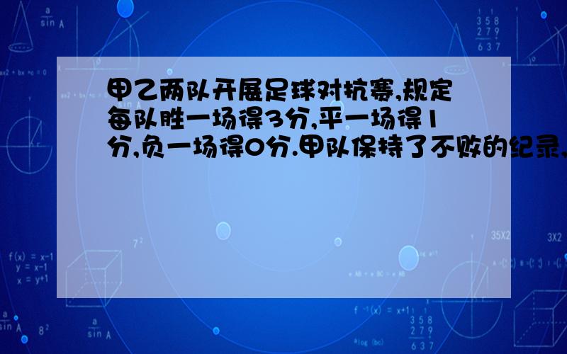 甲乙两队开展足球对抗赛,规定每队胜一场得3分,平一场得1分,负一场得0分.甲队保持了不败的纪录,一共得了22分.甲队胜了