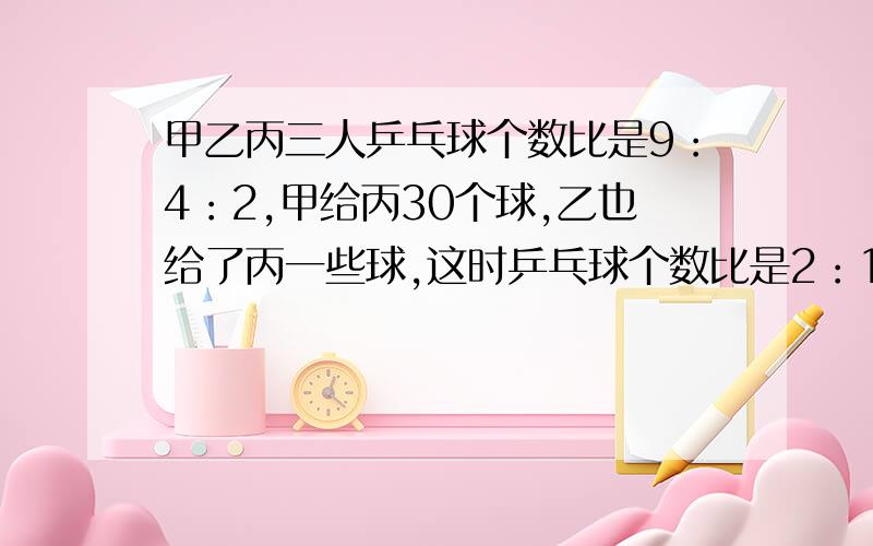 甲乙丙三人乒乓球个数比是9：4：2,甲给丙30个球,乙也给了丙一些球,这时乒乓球个数比是2：1：1.乙给了丙多少个乒乓球