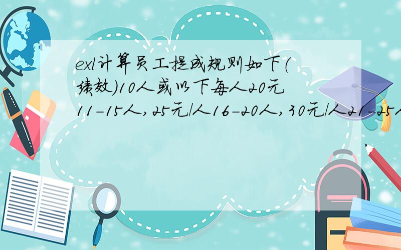 exl计算员工提成规则如下（绩效）10人或以下每人20元11-15人,25元/人16-20人,30元/人21-25人,3