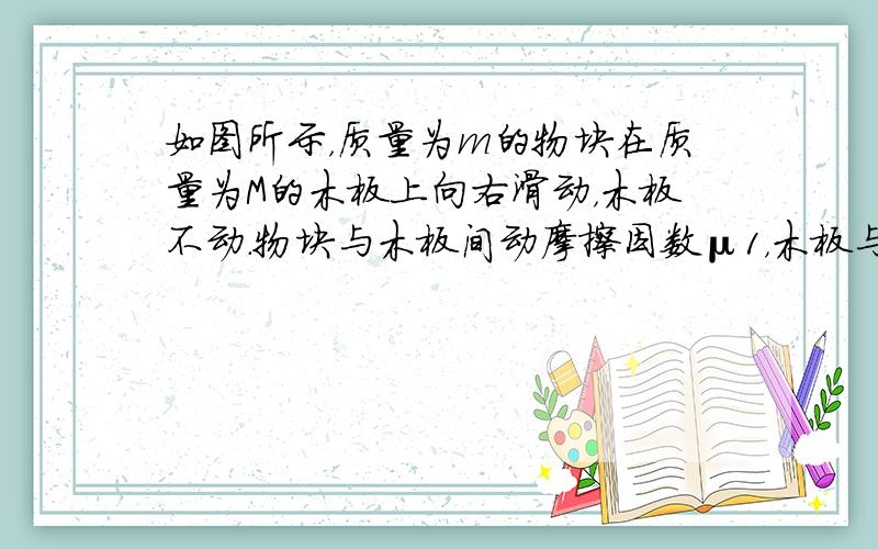 如图所示，质量为m的物块在质量为M的木板上向右滑动，木板不动．物块与木板间动摩擦因数μ1，木板与地面间动摩擦因数μ2．求