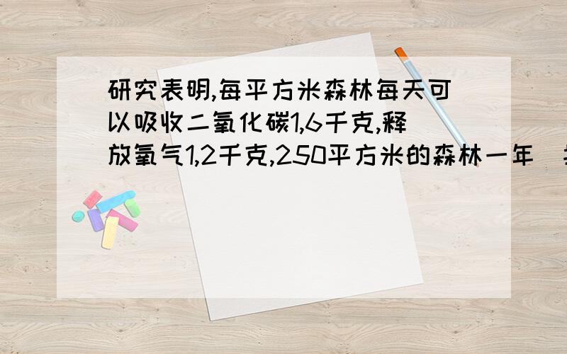 研究表明,每平方米森林每天可以吸收二氧化碳1,6千克,释放氧气1,2千克,250平方米的森林一年（按365天）能吸收多少