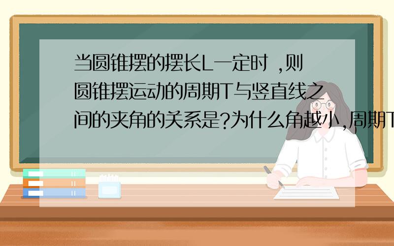 当圆锥摆的摆长L一定时 ,则圆锥摆运动的周期T与竖直线之间的夹角的关系是?为什么角越小,周期T越长?