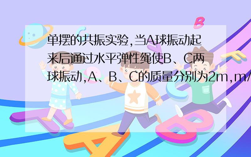 单摆的共振实验,当A球振动起来后通过水平弹性绳使B、C两球振动,A、B、C的质量分别为2m,m/2,m,