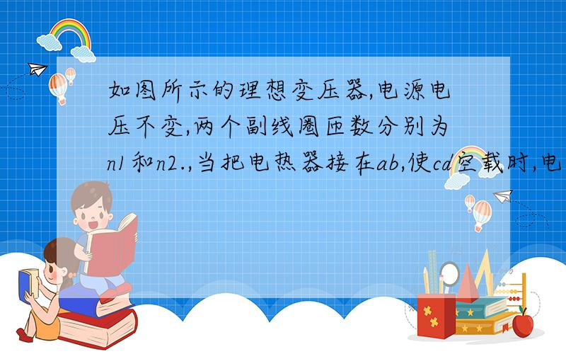 如图所示的理想变压器,电源电压不变,两个副线圈匝数分别为n1和n2.,当把电热器接在ab,使cd空载时,电流表的