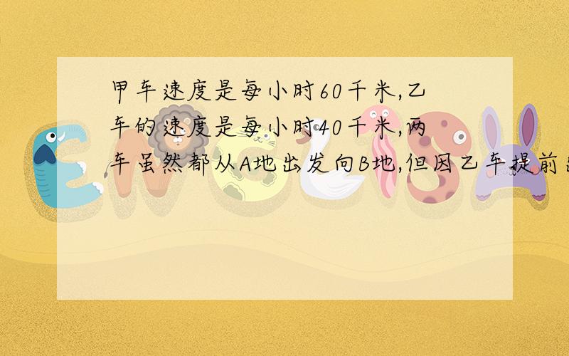 甲车速度是每小时60千米,乙车的速度是每小时40千米,两车虽然都从A地出发向B地,但因乙车提前出发,所以两