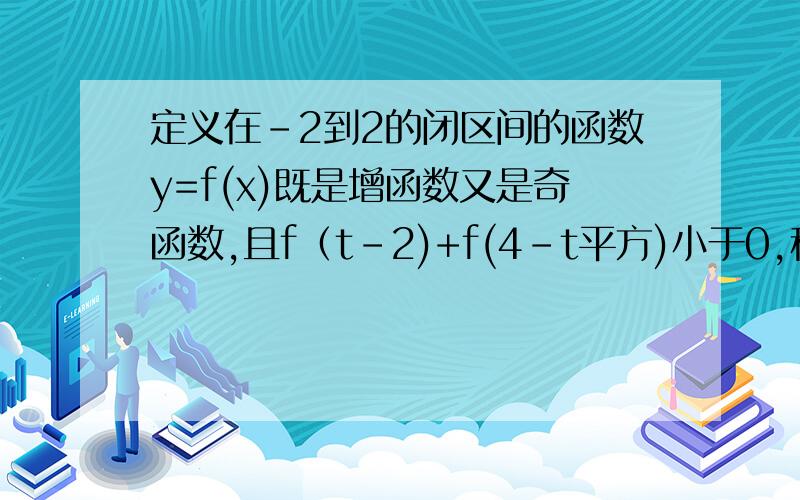 定义在-2到2的闭区间的函数y=f(x)既是增函数又是奇函数,且f（t-2)+f(4-t平方)小于0,秋t的取值范围