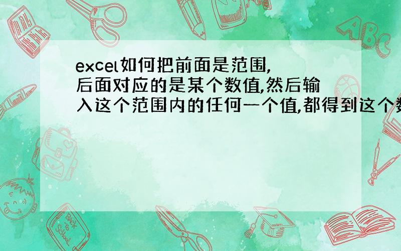 excel如何把前面是范围,后面对应的是某个数值,然后输入这个范围内的任何一个值,都得到这个数字.