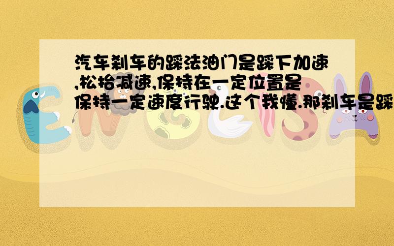 汽车刹车的踩法油门是踩下加速,松抬减速,保持在一定位置是保持一定速度行驶.这个我懂.那刹车是踩下减速,松抬加速,保持在一