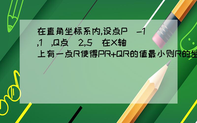 在直角坐标系内,设点P(-1,1),Q点(2,5)在X轴上有一点R使得PR+QR的值最小则R的坐标