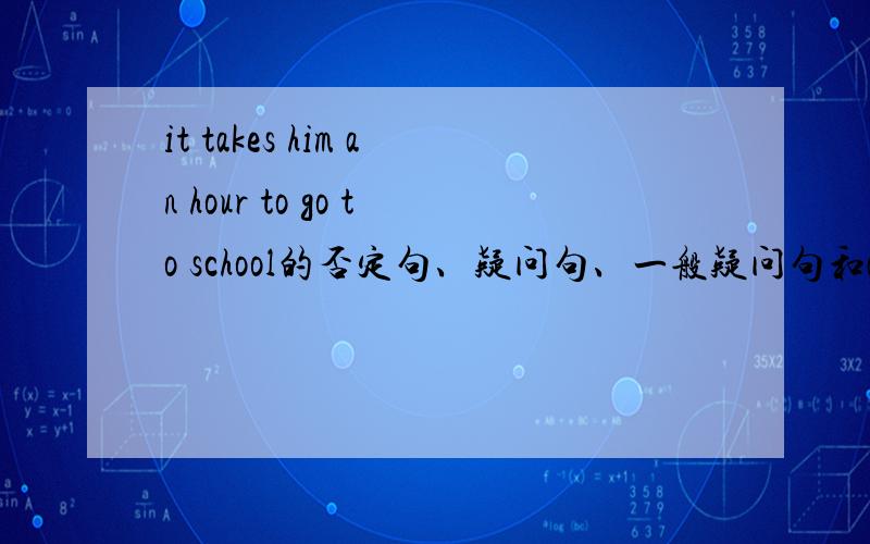 it takes him an hour to go to school的否定句、疑问句、一般疑问句和an hour划线