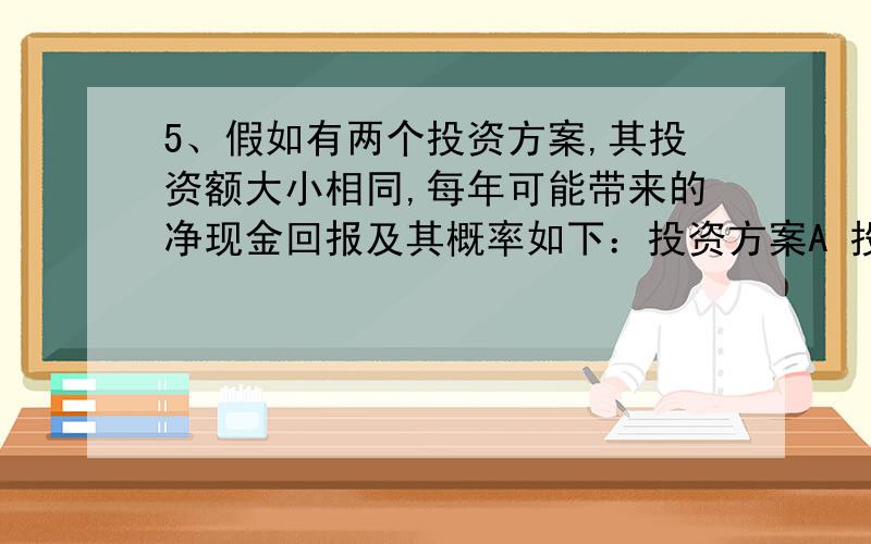 5、假如有两个投资方案,其投资额大小相同,每年可能带来的净现金回报及其概率如下：投资方案A 投资方案