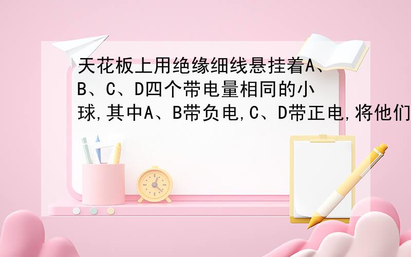 天花板上用绝缘细线悬挂着A、B、C、D四个带电量相同的小球,其中A、B带负电,C、D带正电,将他们靠近带正电的物体M,受