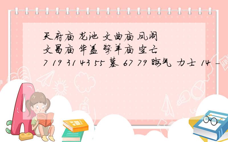 天府庙 龙池 文曲庙 凤阁 文昌庙 华盖 擎羊庙 空亡 7 19 31 43 55 墓 67 79 晦气 力士 14 -