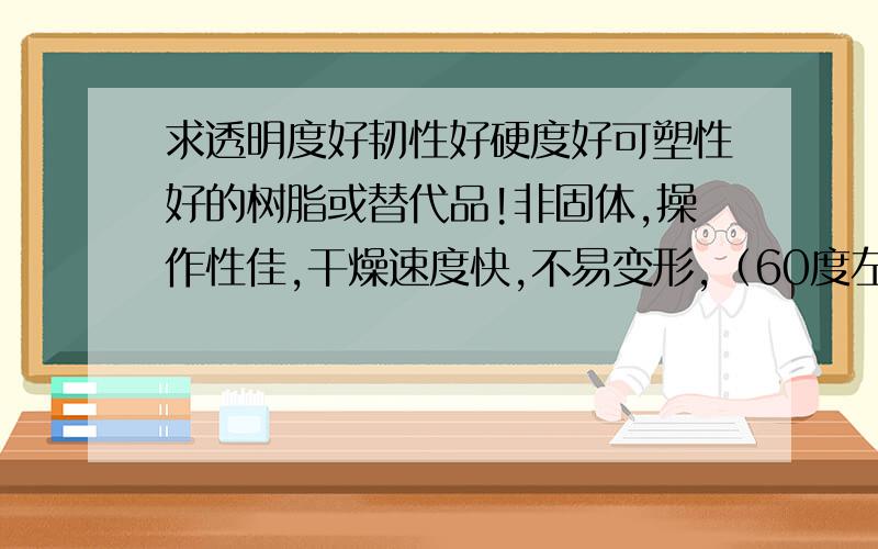 求透明度好韧性好硬度好可塑性好的树脂或替代品!非固体,操作性佳,干燥速度快,不易变形,（60度左右不易变形）,