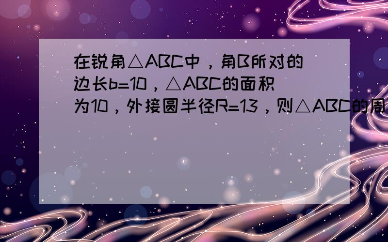 在锐角△ABC中，角B所对的边长b=10，△ABC的面积为10，外接圆半径R=13，则△ABC的周长为______．