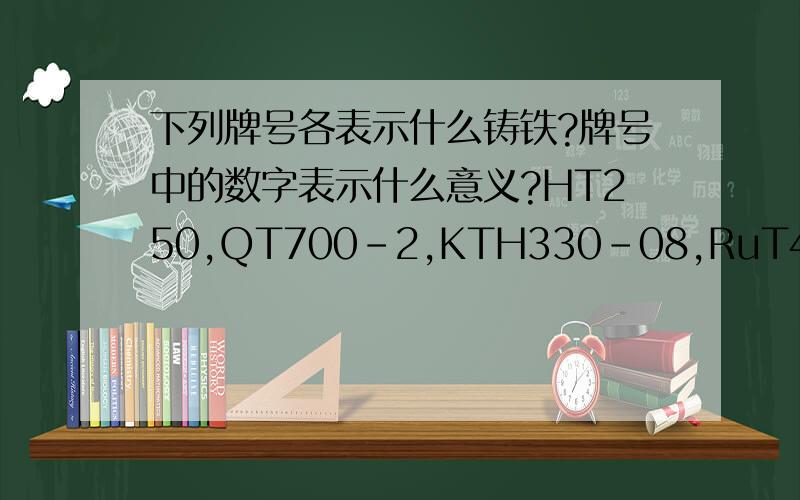 下列牌号各表示什么铸铁?牌号中的数字表示什么意义?HT250,QT700-2,KTH330-08,RuT420