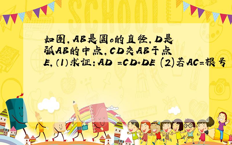 如图,AB是圆o的直径,D是弧AB的中点,CD交AB于点E,（1）求证：AD²=CD*DE (2)若AC=根号