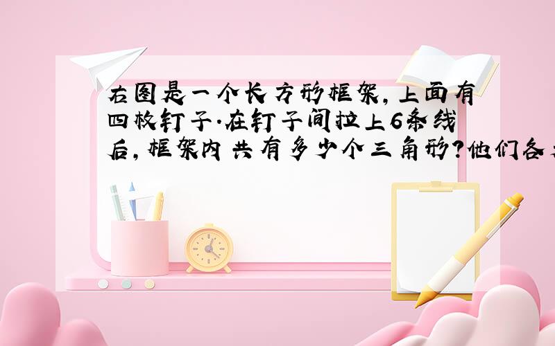 右图是一个长方形框架,上面有四枚钉子.在钉子间拉上6条线后,框架内共有多少个三角形?他们各是什么三角形