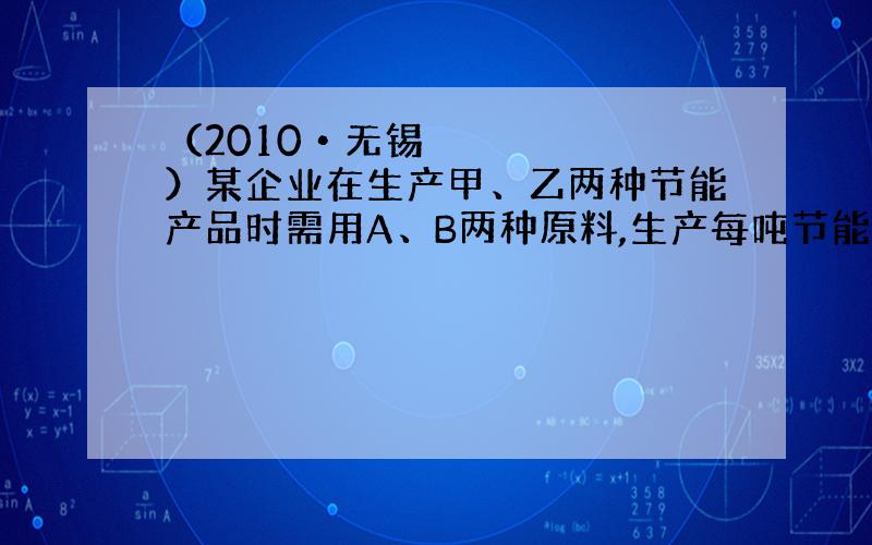 （2010•无锡）某企业在生产甲、乙两种节能产品时需用A、B两种原料,生产每吨节能产品所需原料的数量如下表所