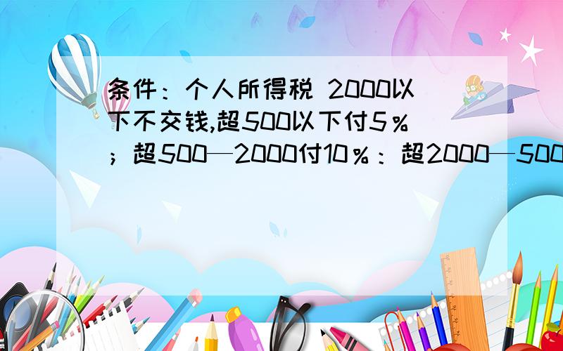 条件：个人所得税 2000以下不交钱,超500以下付5％；超500—2000付10％：超2000—5000付15％