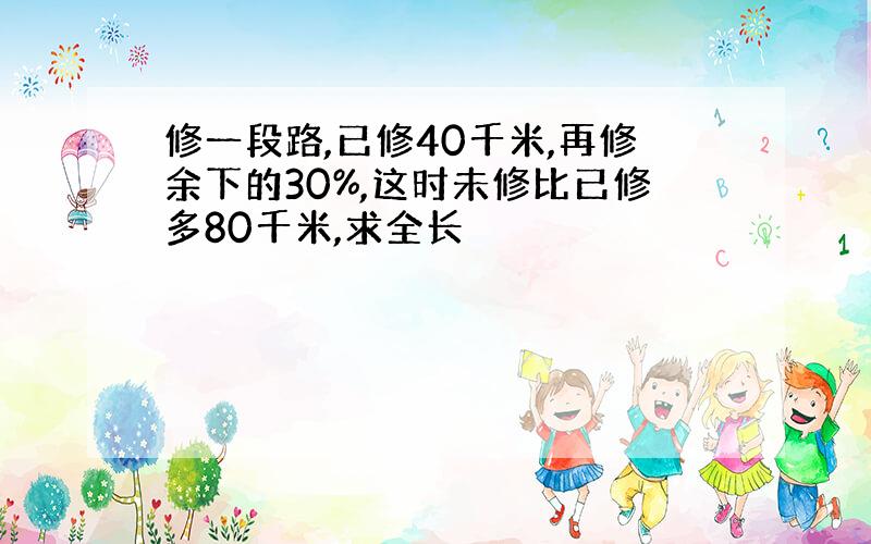 修一段路,已修40千米,再修余下的30%,这时未修比已修多80千米,求全长