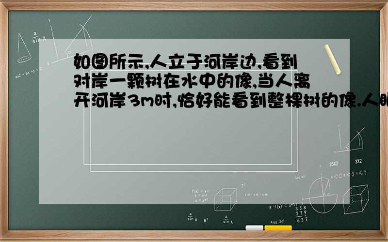 如图所示,人立于河岸边,看到对岸一颗树在水中的像,当人离开河岸3m时,恰好能看到整棵树的像.人眼离地面1.5m,河岸比水