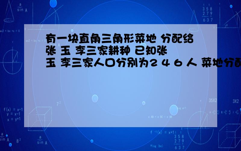 有一块直角三角形菜地 分配给张 玉 李三家耕种 已知张 玉 李三家人口分别为2 4 6 人 菜地分配要按人口.