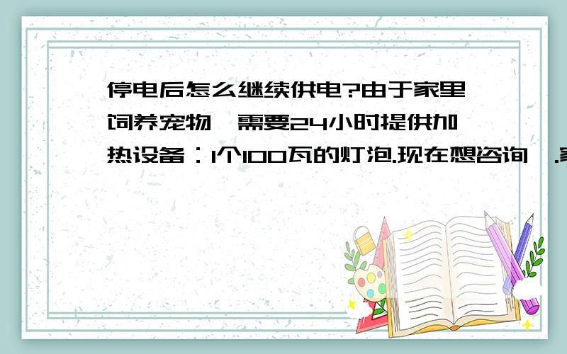 停电后怎么继续供电?由于家里饲养宠物,需要24小时提供加热设备：1个100瓦的灯泡.现在想咨询一.家里停电后,有什么设备