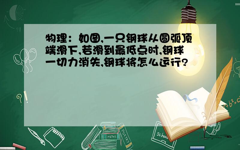 物理：如图,一只钢球从圆弧顶端滑下,若滑到最低点时,钢球一切力消失,钢球将怎么运行?