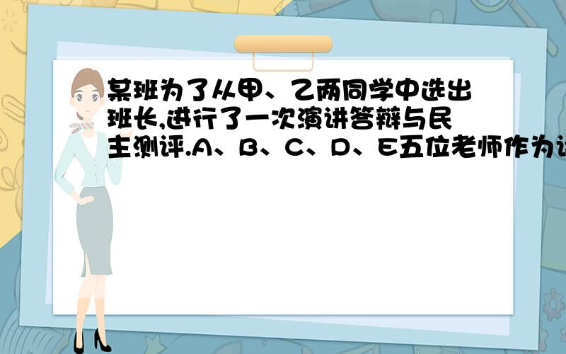 某班为了从甲、乙两同学中选出班长,进行了一次演讲答辩与民主测评.A、B、C、D、E五位老师作为评委,对“