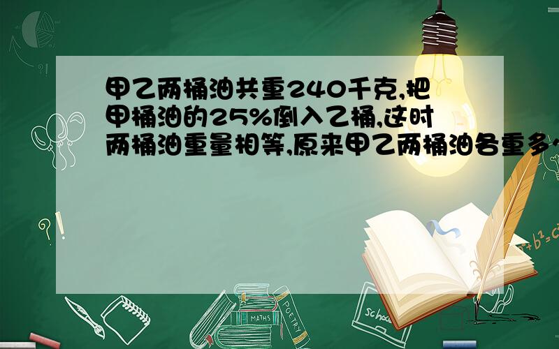 甲乙两桶油共重240千克,把甲桶油的25%倒入乙桶,这时两桶油重量相等,原来甲乙两桶油各重多少?