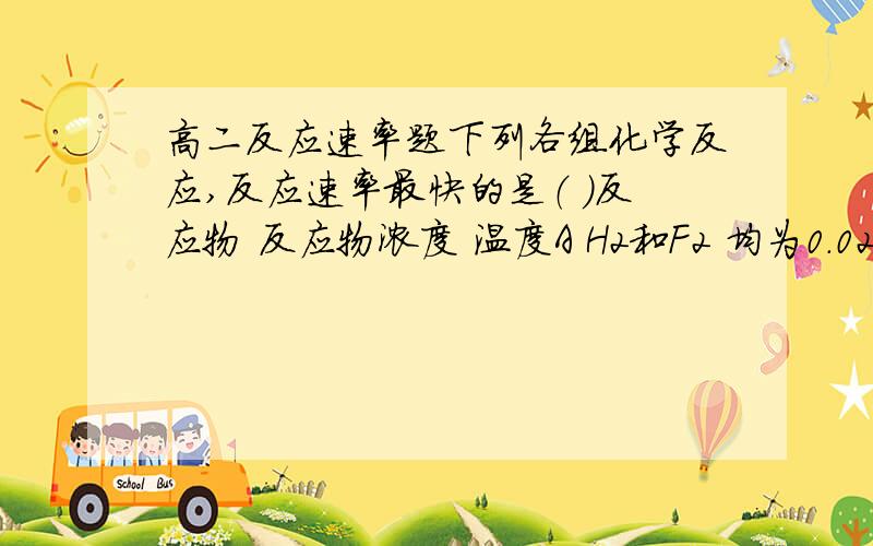 高二反应速率题下列各组化学反应,反应速率最快的是（ ）反应物 反应物浓度 温度A H2和F2 均为0.02mol/L 5