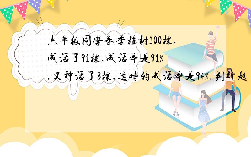 六年级同学春季植树100棵,成活了91棵,成活率是91%,又种活了3棵,这时的成活率是94%.判断题